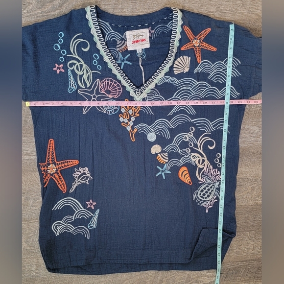 Johnny Was Byia Myrtle Embroidered V Neck Tunic Women's M Blue Multi Ocean Theme - Picture 12 of 15